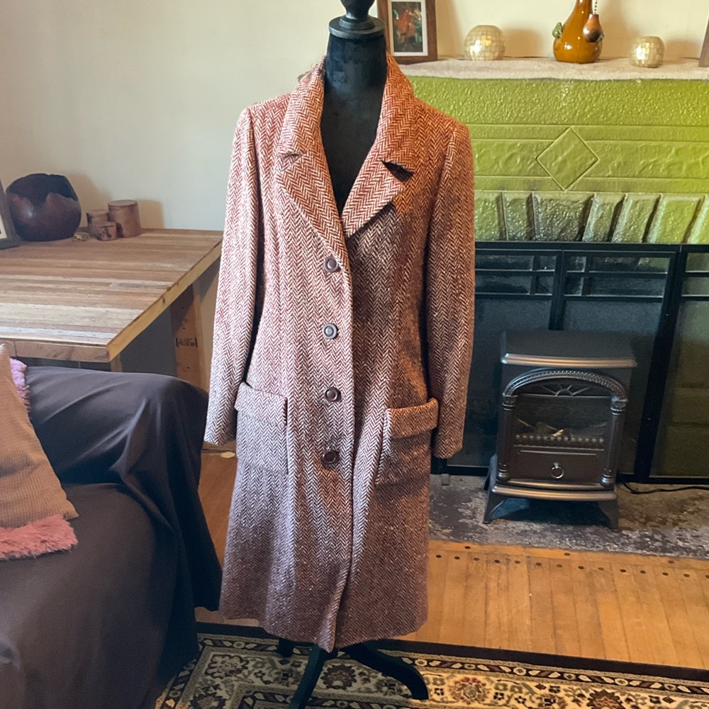 Miss Magnin Brown Cranberry Cream Tweed Coat
